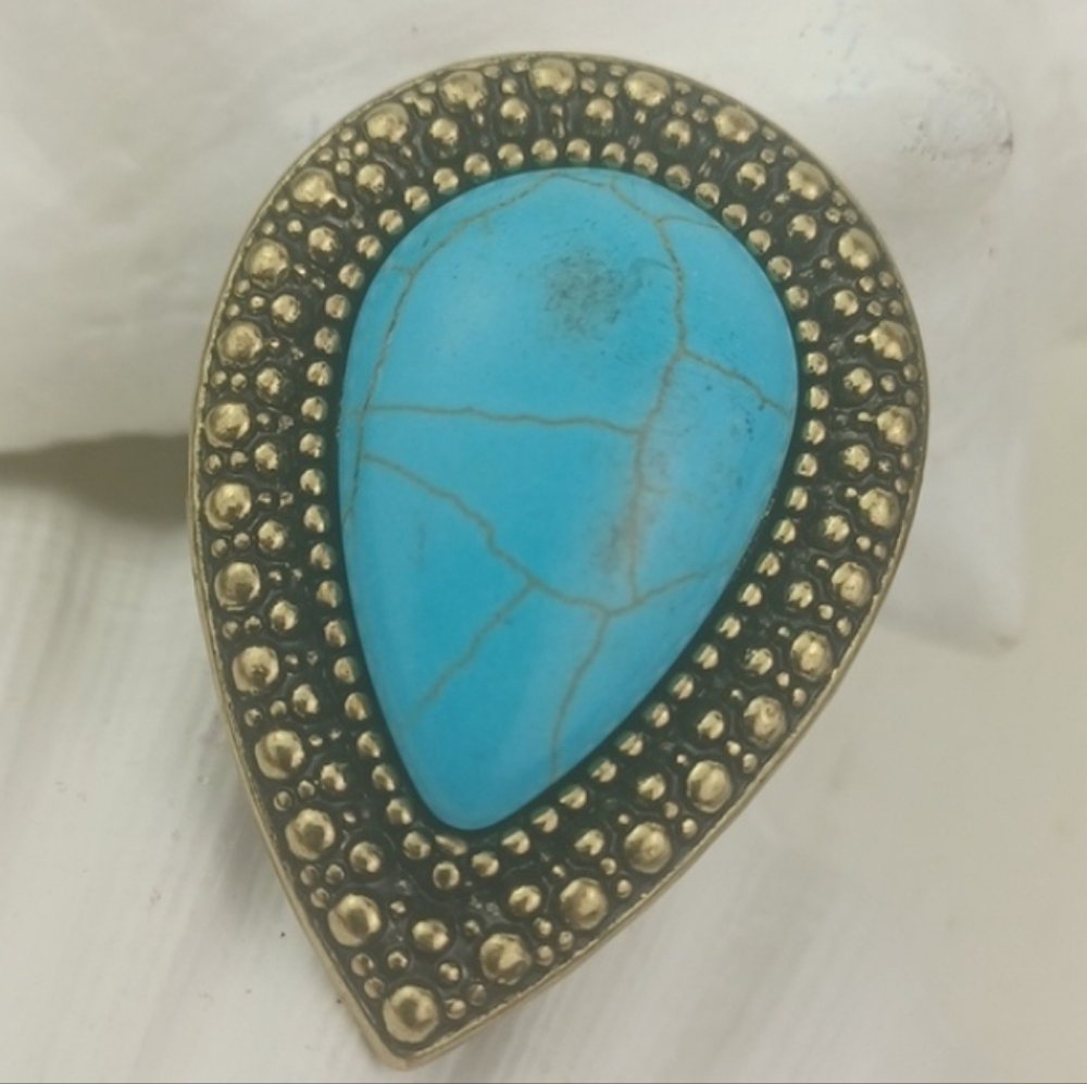Boho Chic Turquoise Oversized Brassy Gold Teardrop Statement Stretch Ring